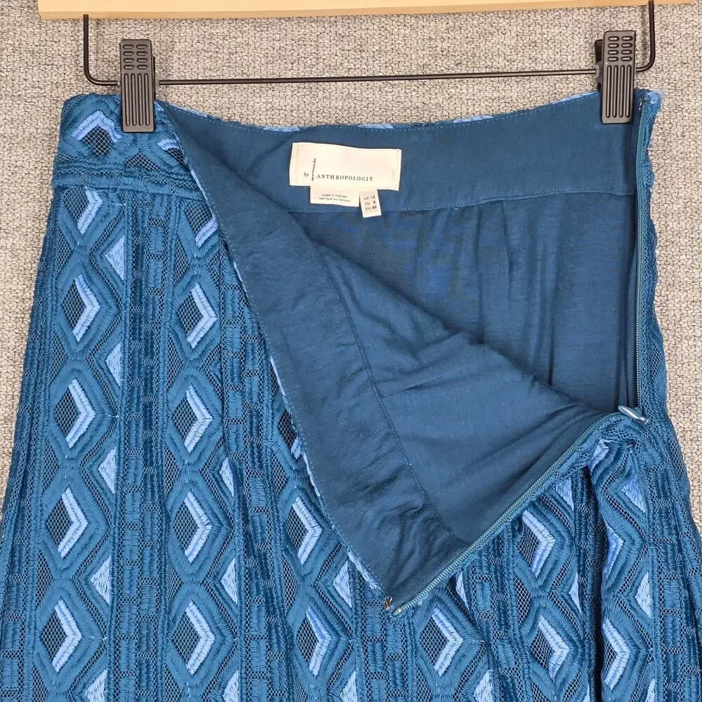 ANTHROPOLOGIE SIENNA EMBROIDERED PENCIL MIDI SKIRT – WOMEN’S US 8 – TEAL – LINED